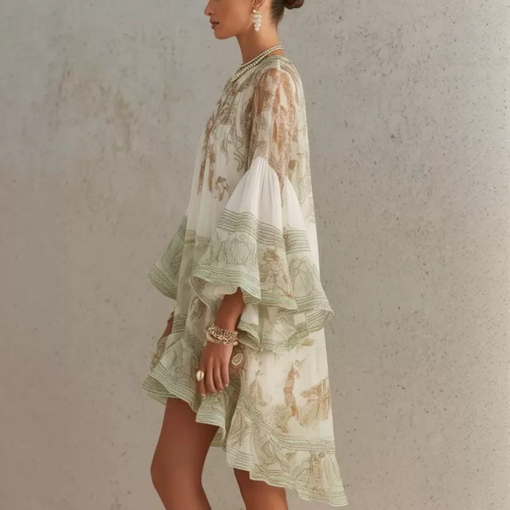 Zimmermann Elegant Green & Cream Ruffled Short Dress - Picture 4 of 4